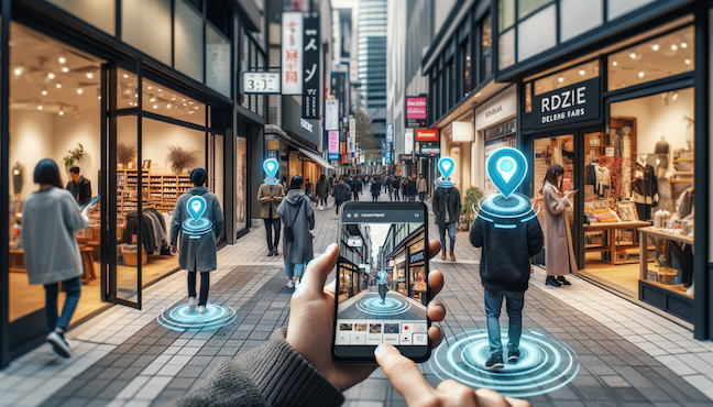 Outdoor shopping mall showing a shopper navigating via their mobile phone